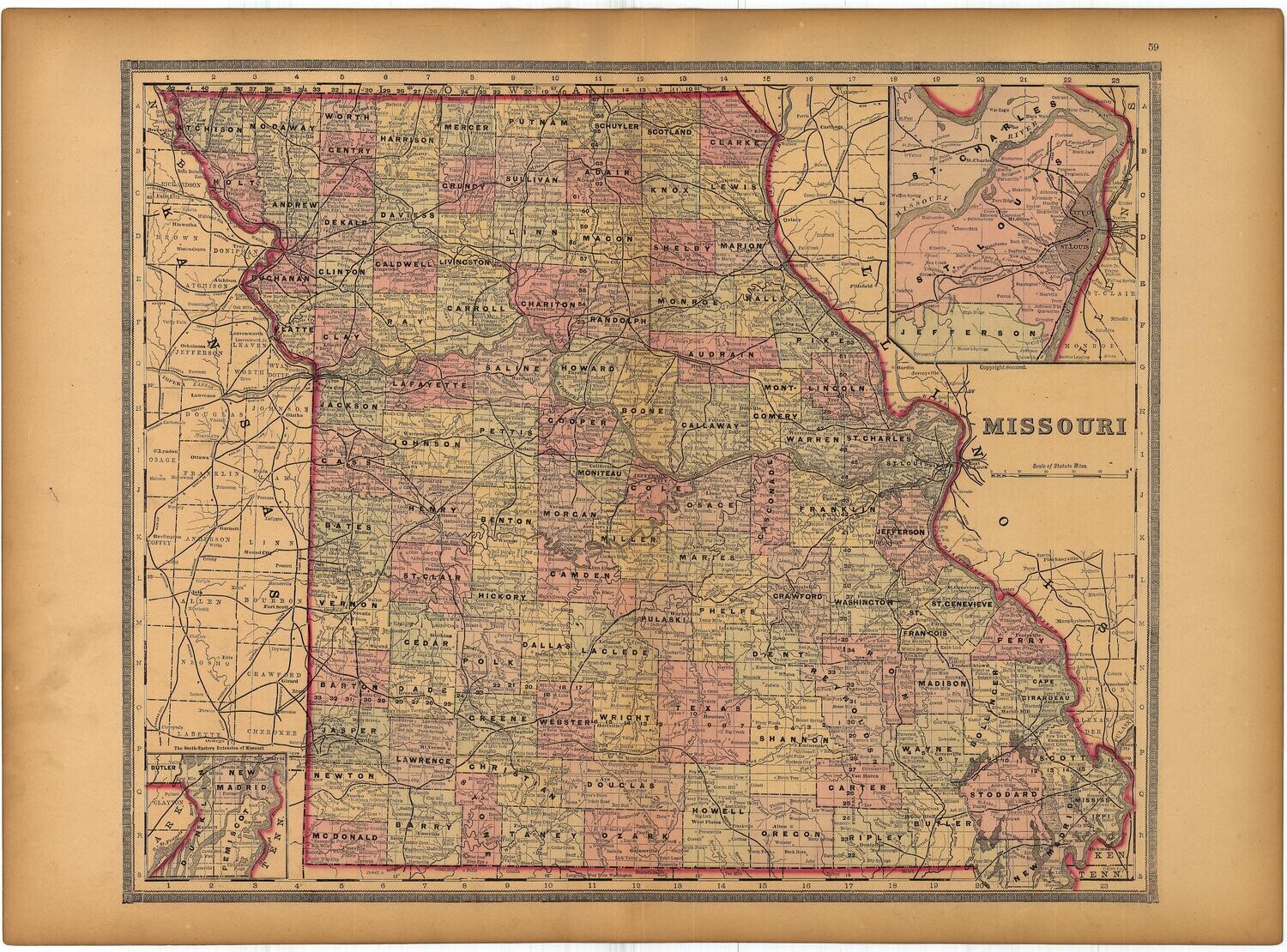 1886 Map of Missouri by Bradley&#39;s