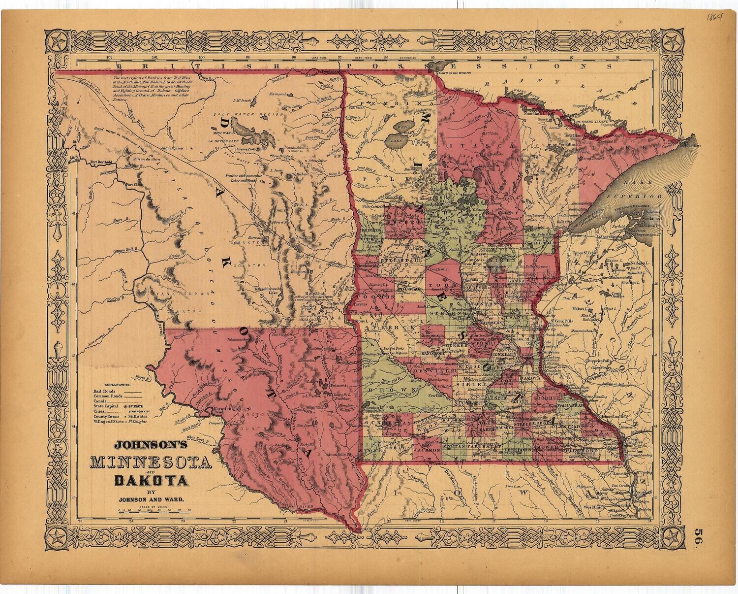 1864 Map of Minnesota &amp; Dakota Territory by Johnson &amp; Ward in Lithography w/OHC