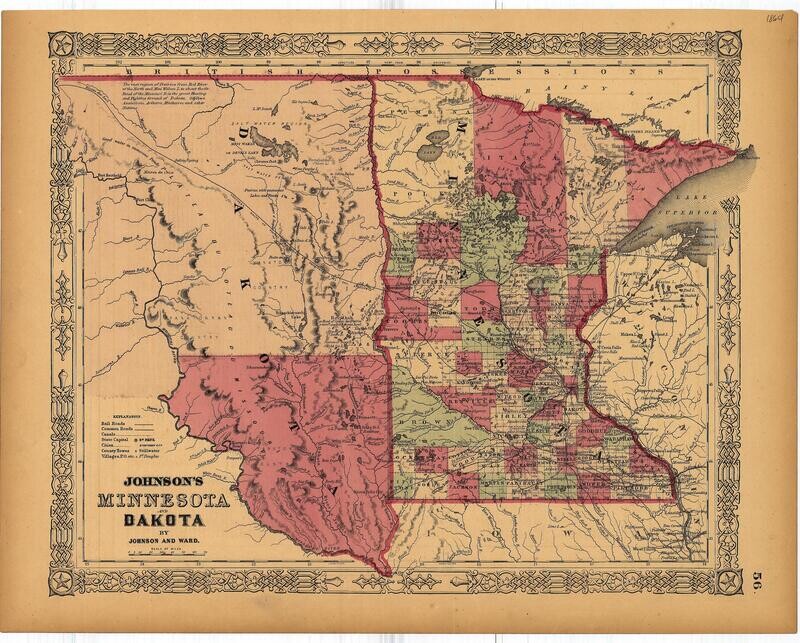 1864 Map of Minnesota &amp; Dakota Territory  by Johnson &amp; Ward in Lithography w/OHC