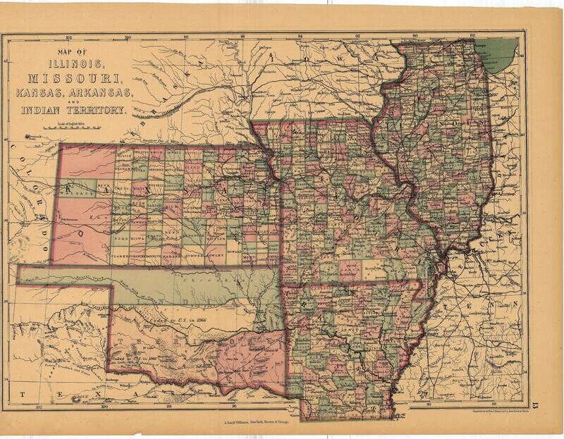 1873 Map of Illinois, Missouri, Kansas &amp; Indian Territory by J David Williams