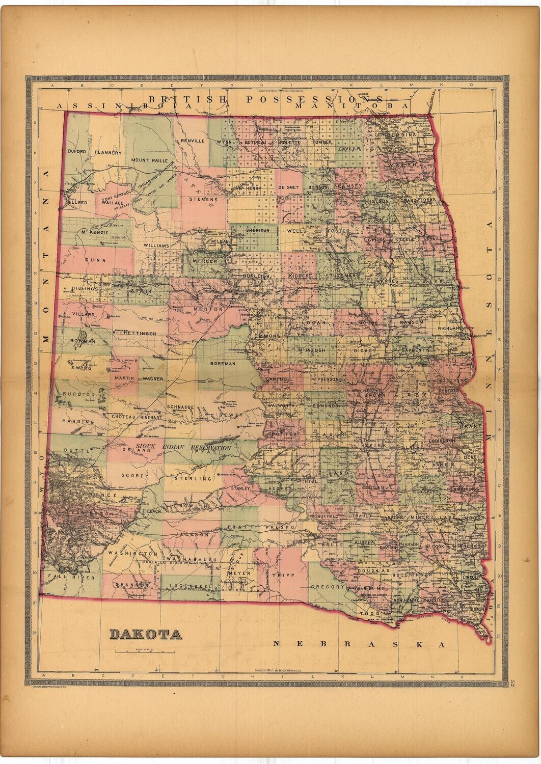 1886 Map of Dakota by Bradley&#39;s