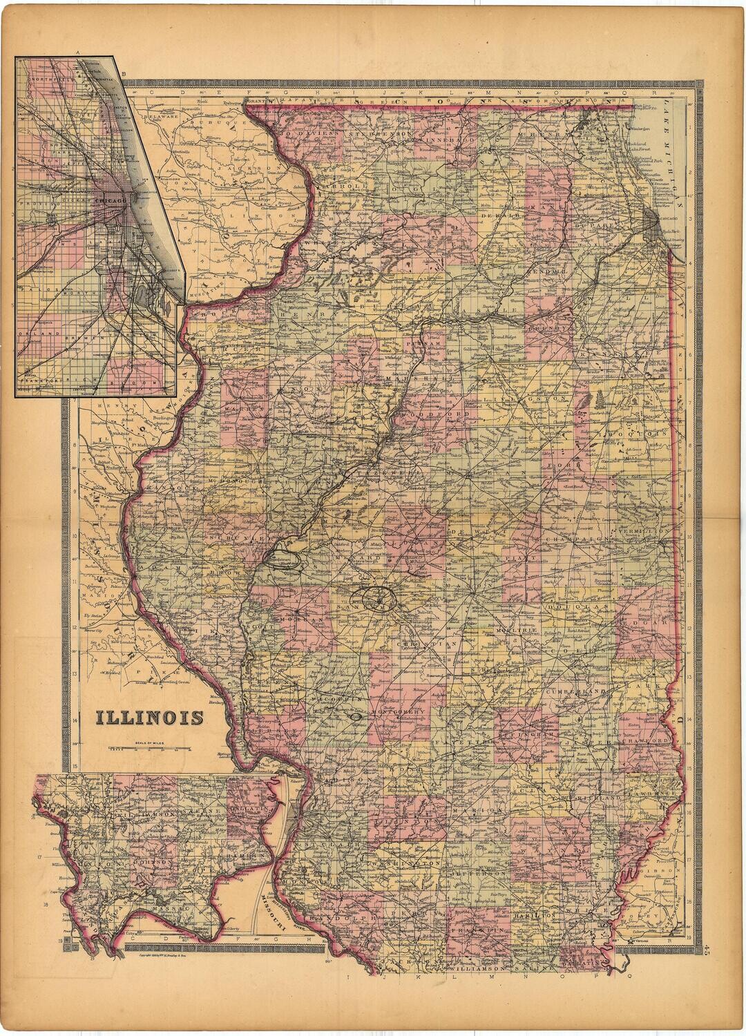 1886 Map of  Illinois by Bradley&#39;s