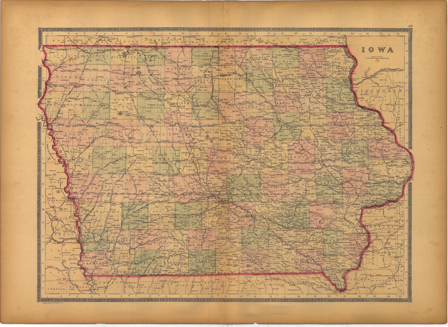 1886 Map of Iowa by Bradley&#39;s