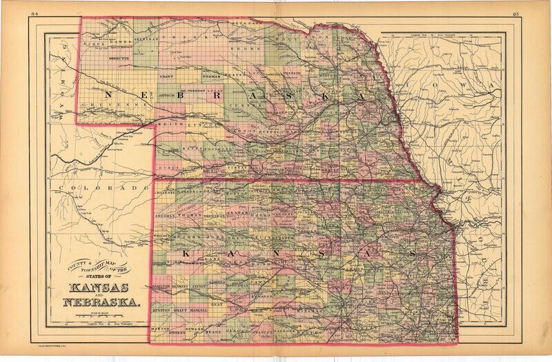 1887 County Map of Kansas and Nebraska by Bradley's in Lithography
