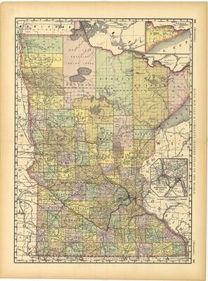 1889 Map of Minnesota by Rand McNally in Color Lithography