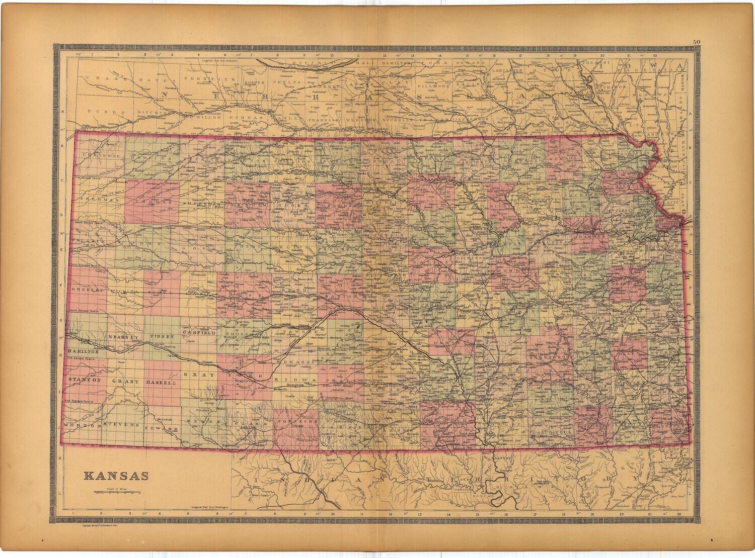 1886 Map of Kansas  by Bradley&#39;s