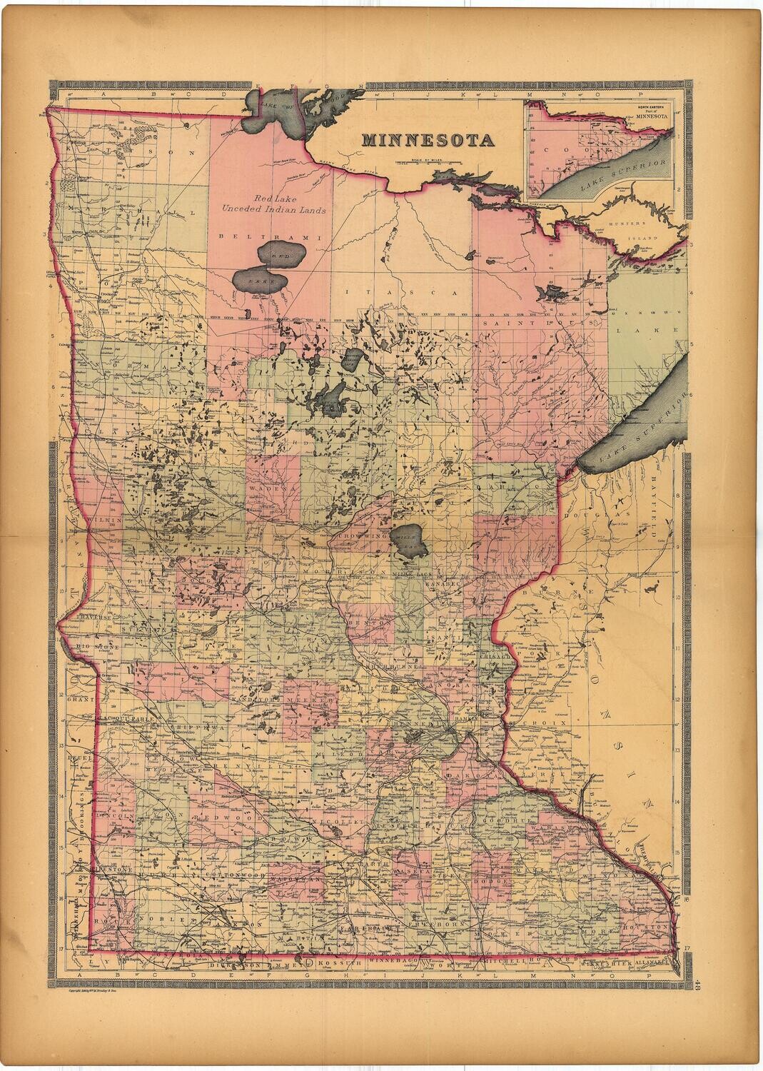1886 Map of Minnesota by Bradley&#39;s