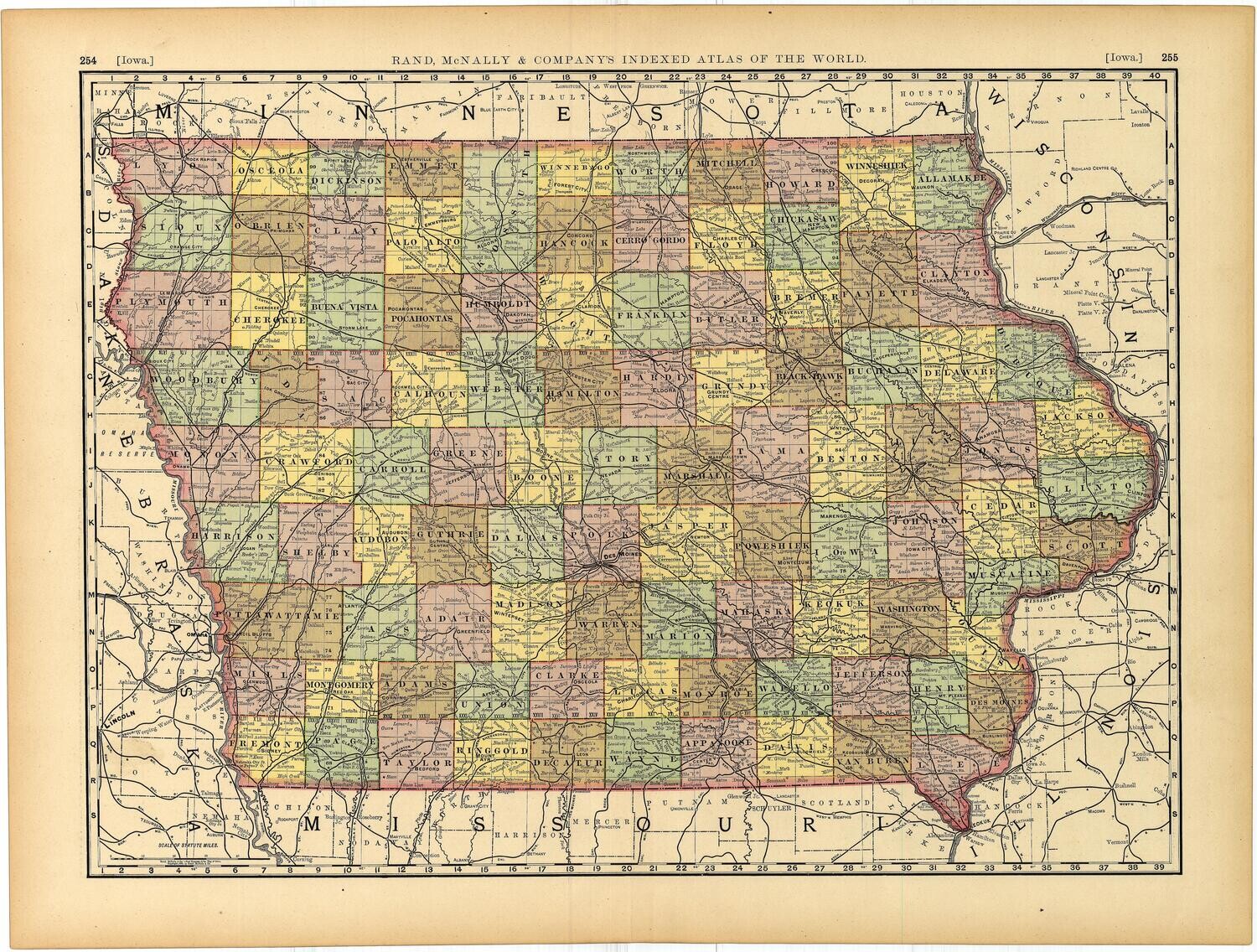 1889 Map of Iowa by Rand McNally in Color Lithography