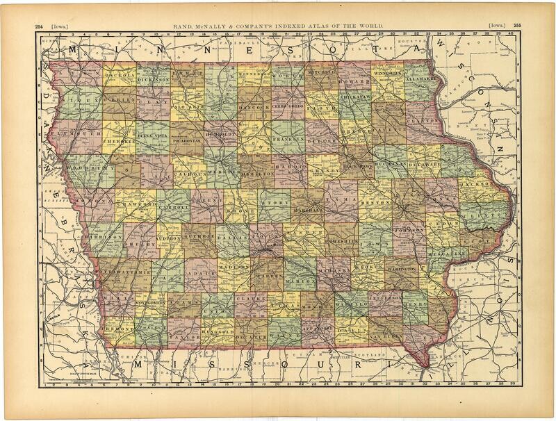 1889 Map of Iowa by Rand McNally in Color Lithography