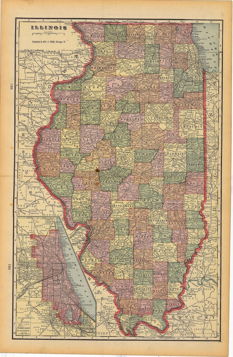 1903 Map of Illinois by Geo.Cram in Color Lithography