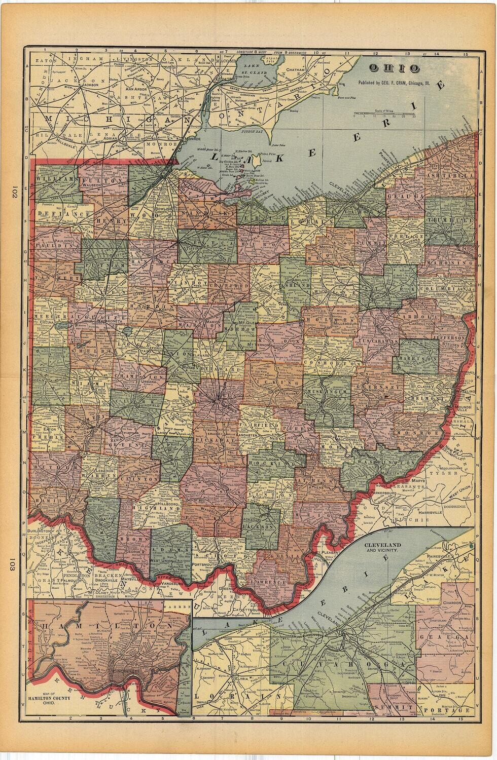 1903 Map of Ohio by Geo.Cram in Color Lithography