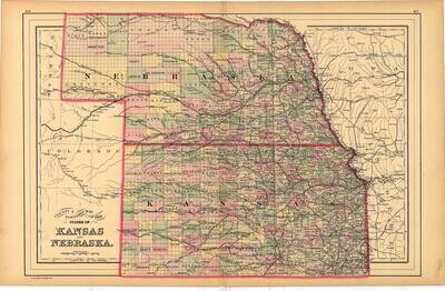 1887 County Map of Kansas and Nebraska by Bradley&#39;s in Lithography
