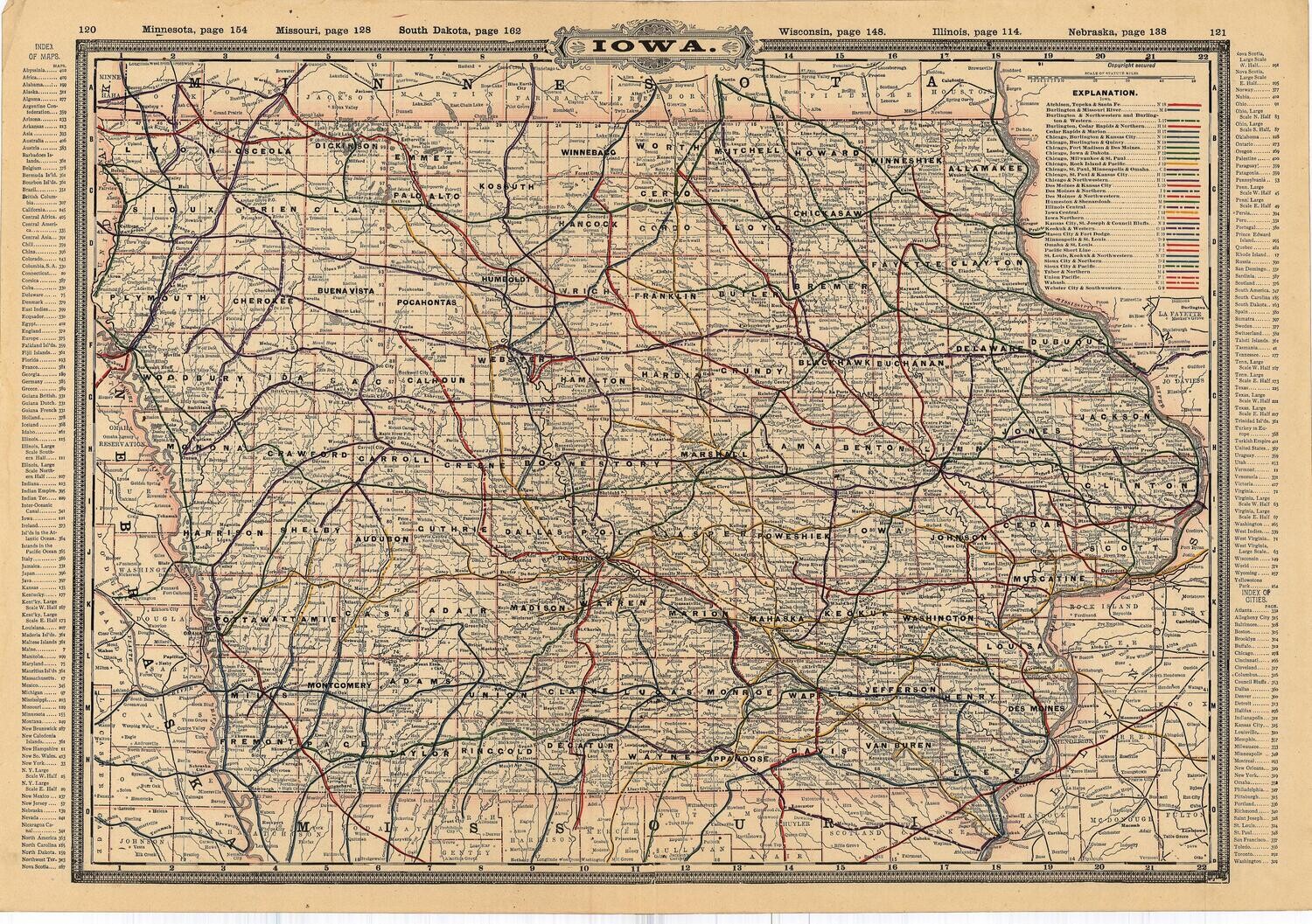 1891 Transportation Map of Iowa by Rand McNally in Color Lithography