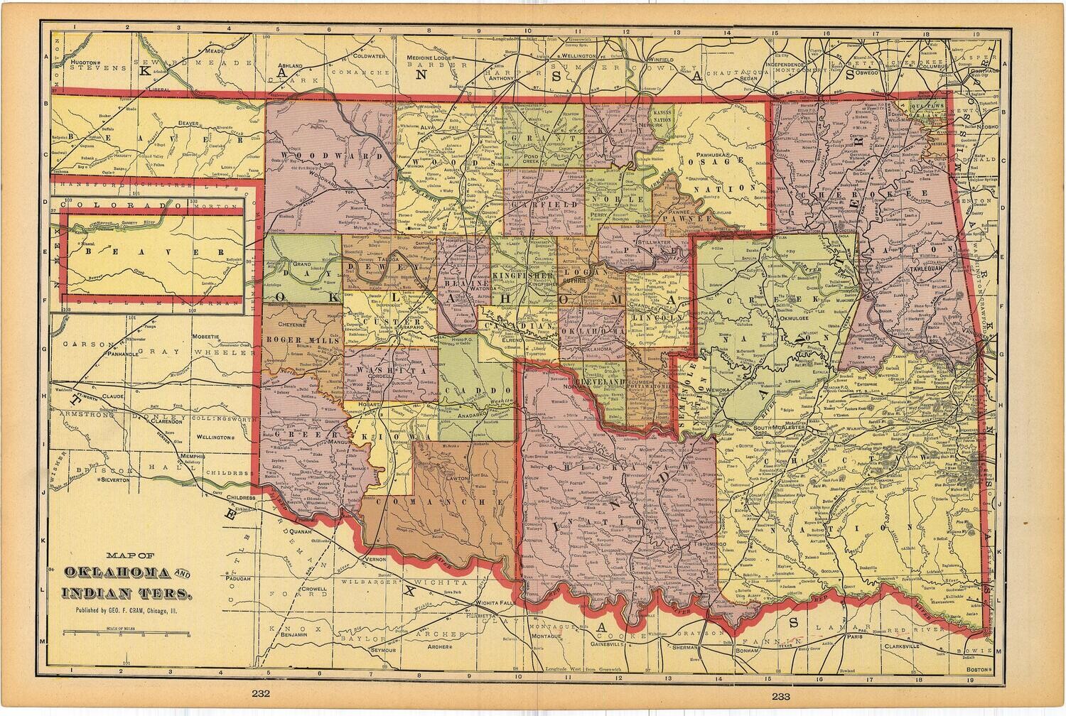 1911 Map of Oklahoma and Indian Territories by Geo.Cram in Color Lithography