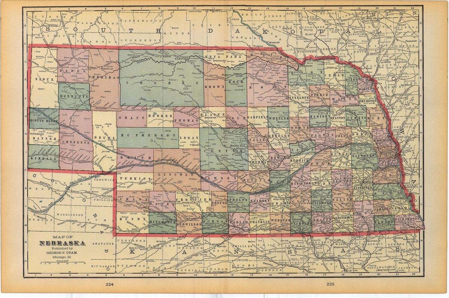 1903 Map of Nebraska by Geo.Cram in Color Lithography