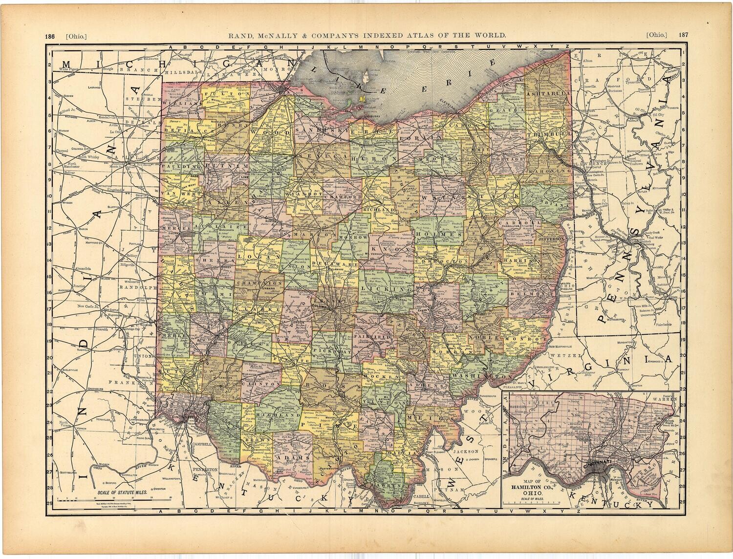 1889 Map of Ohio by Rand McNally in Color Lithography