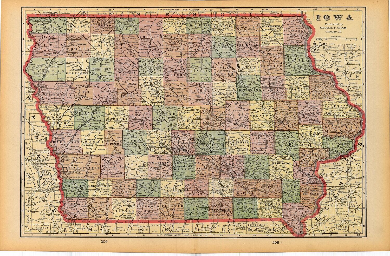 1903 Map of Iowa by Geo.Cram in Color Lithography