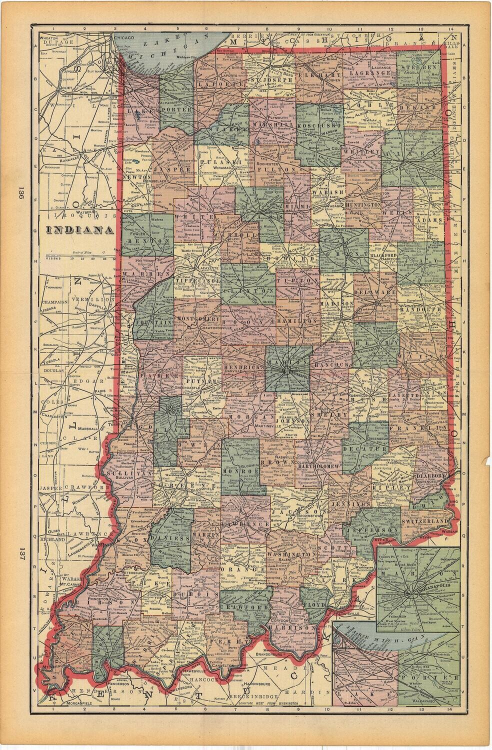 1903 Map of Indiana by Geo.Cram in Color Lithography