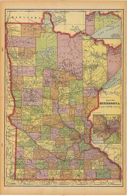 1903 Map of Minnesota by Geo.Cram in Color Lithography