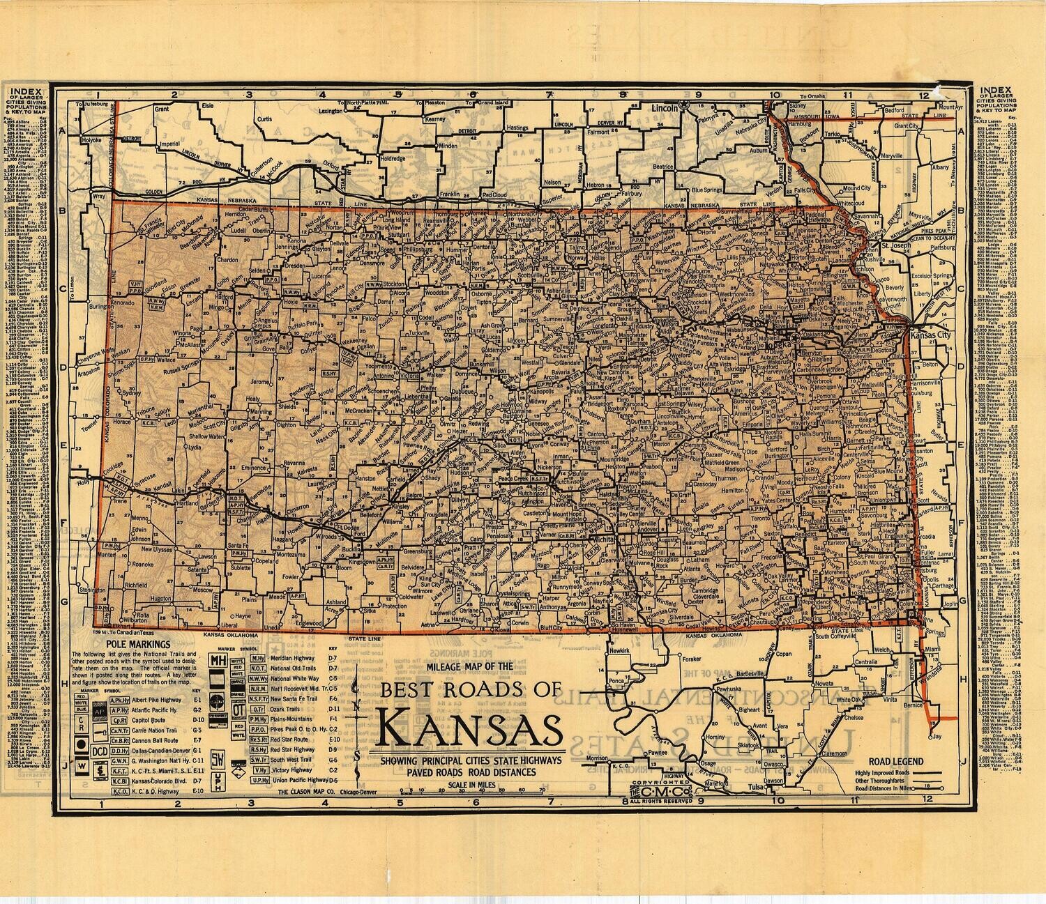 1921 Map of Kansas by Clason&#39;s Map Company in 3 Color Lithograph