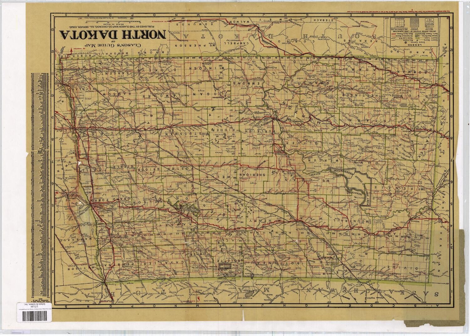 1925 Clason Map of North Dakota -folding map