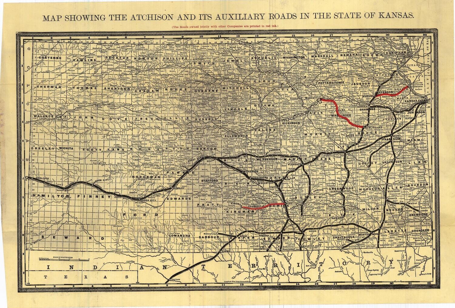 1913 Atchison, Topeka &amp; Santa Fe Railroad Map of the State of Kansas in Color Lithography