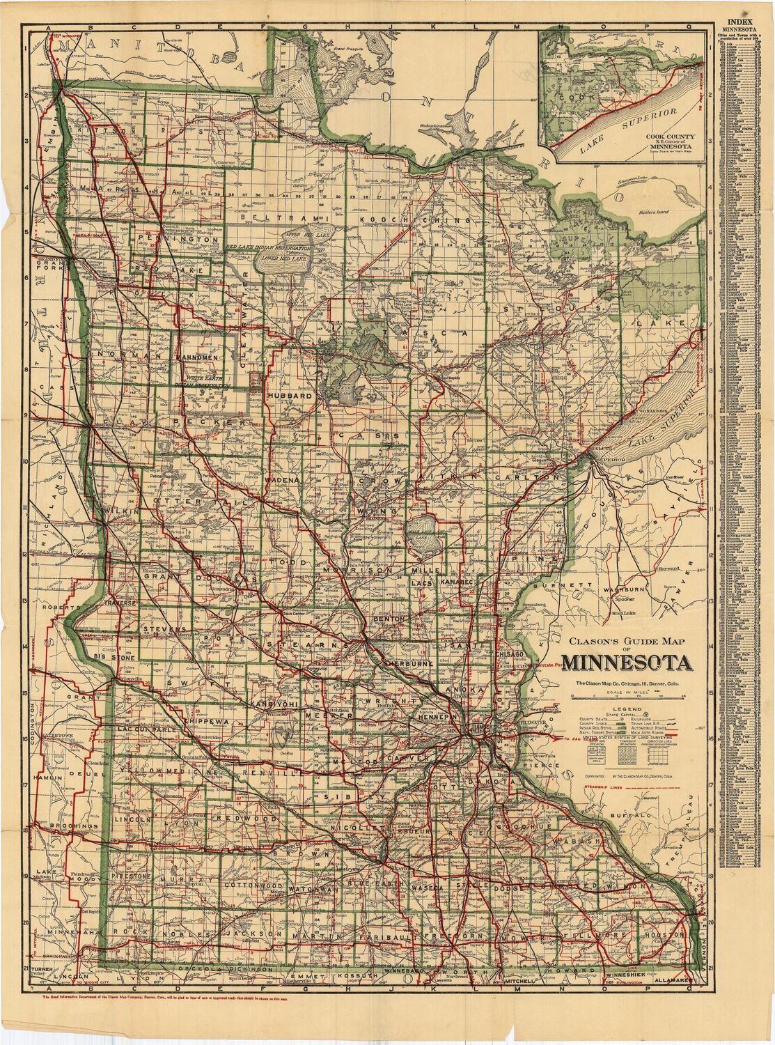 1925 Clason's Map of Minnesota - folding map w/ guidebook