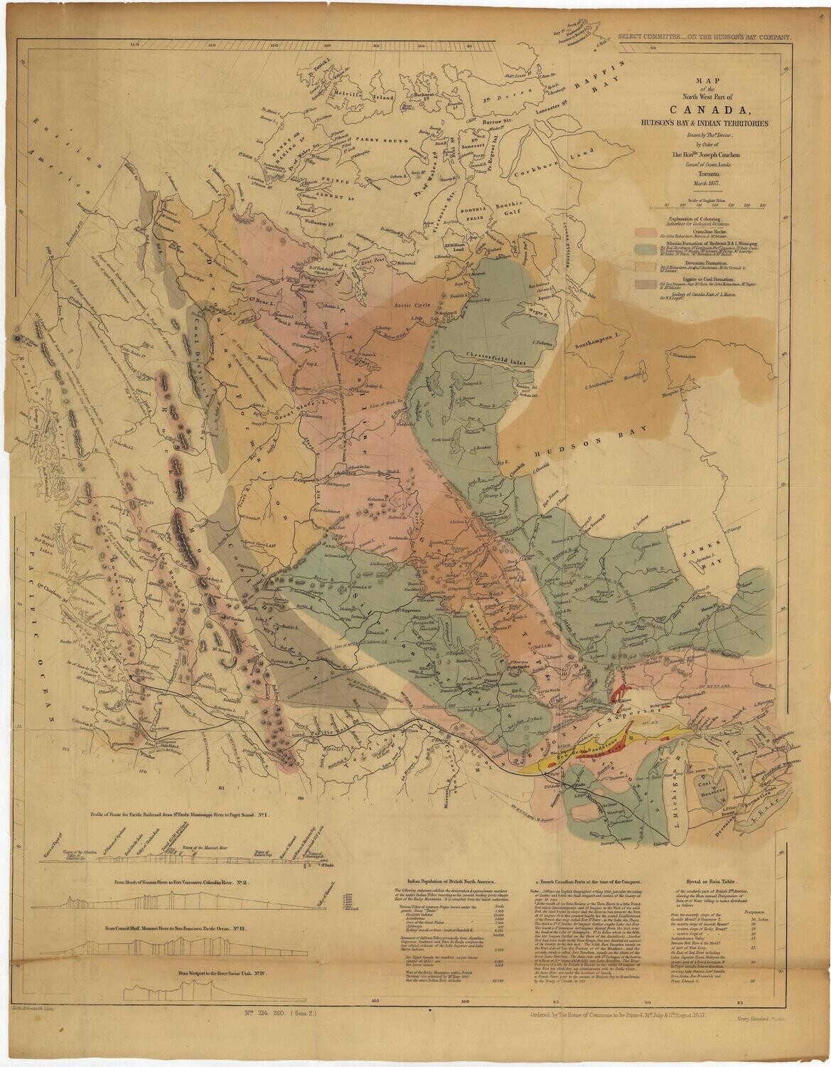 1857 Geological Map of Northwest Canada  by Hudson&#39;s Bay (east coast) w/ hand color