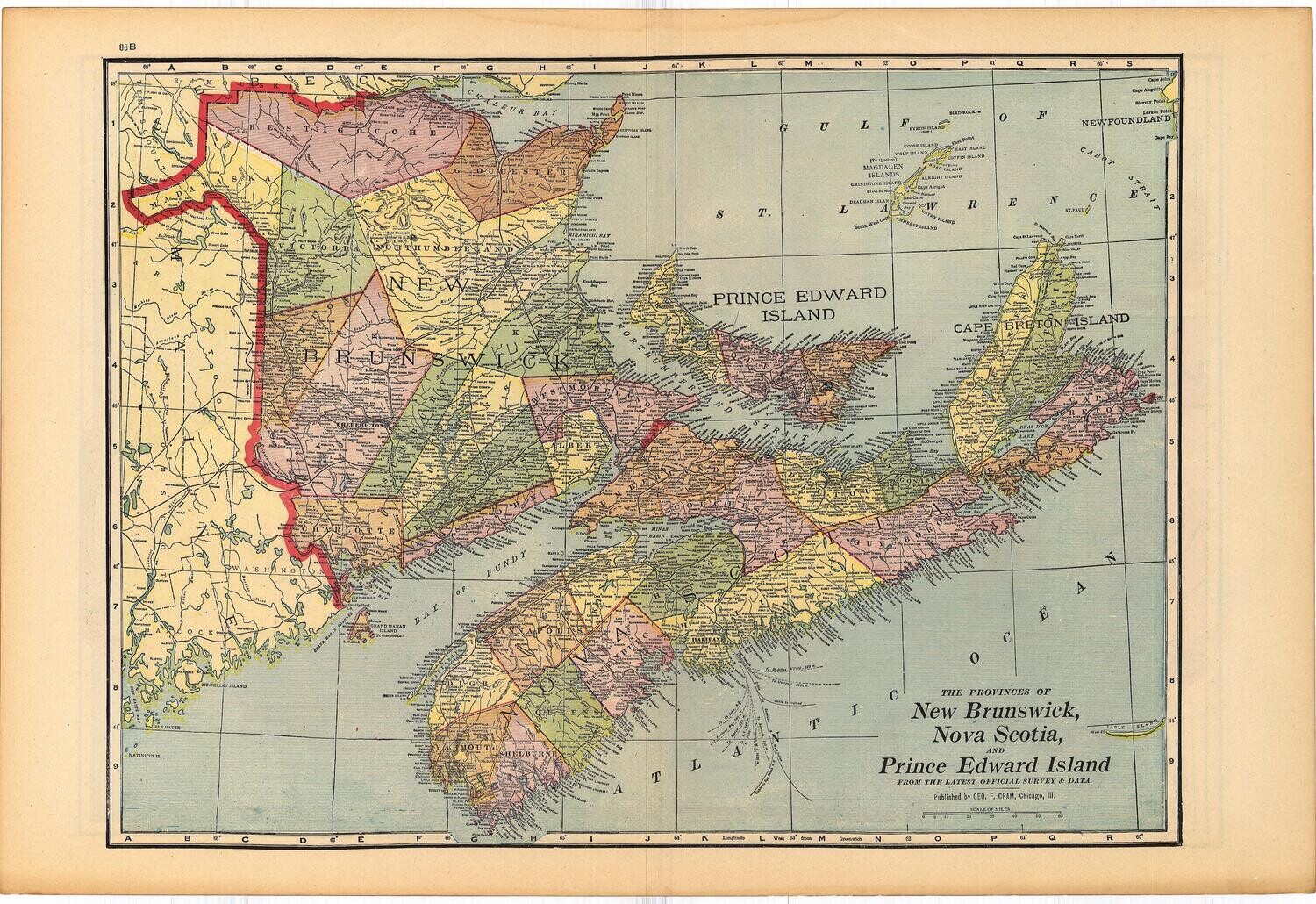 1903 Map of  Nova Scotia, New Brunswick , Canada by Geo.Cram in Color Lithography