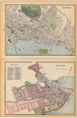 1911 Map of the Cities of Quebec and Montreal, Quebec, Canada by Geo.Cram in Color Lithography