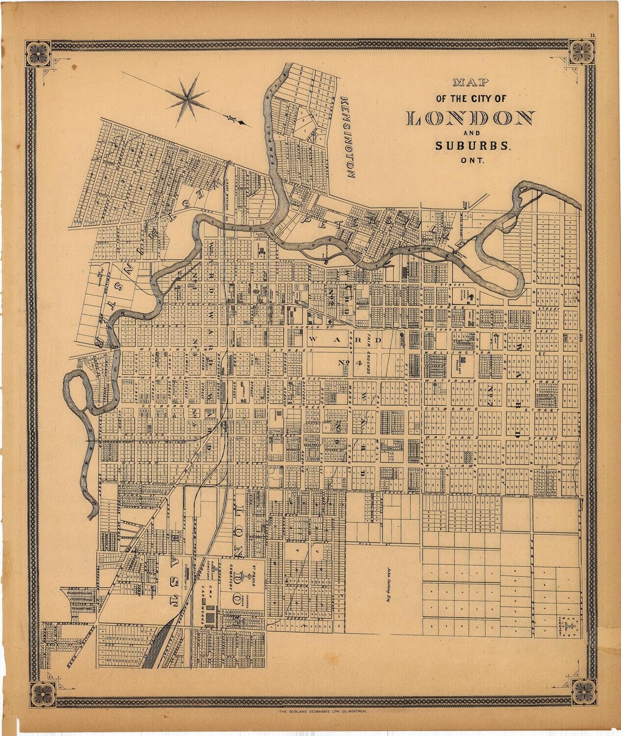 1887 Map of London , Ontario and Suburbs,  Canada by the Burland Desparats