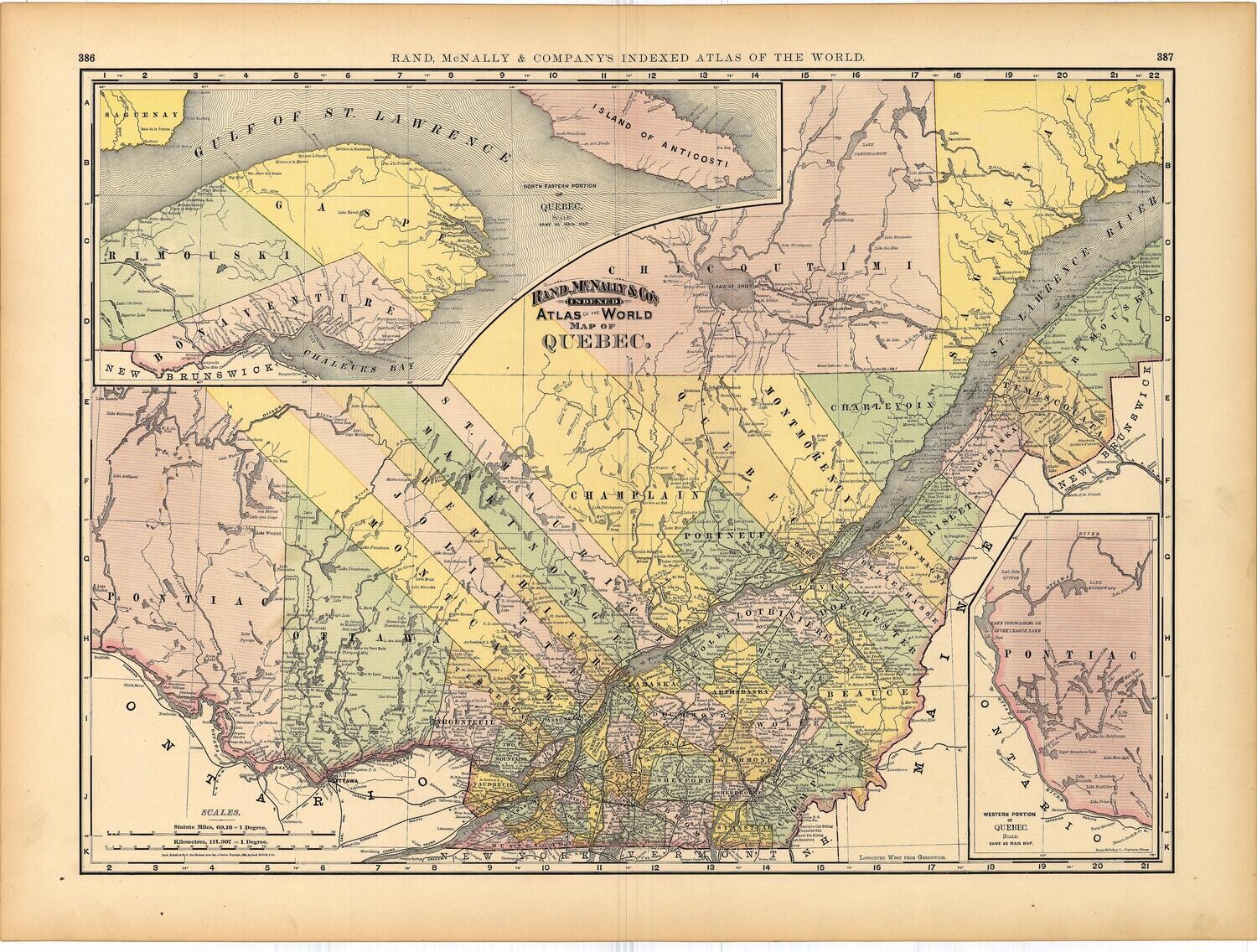 1891 Map of Quebec by Rand McNally in Color Lithography