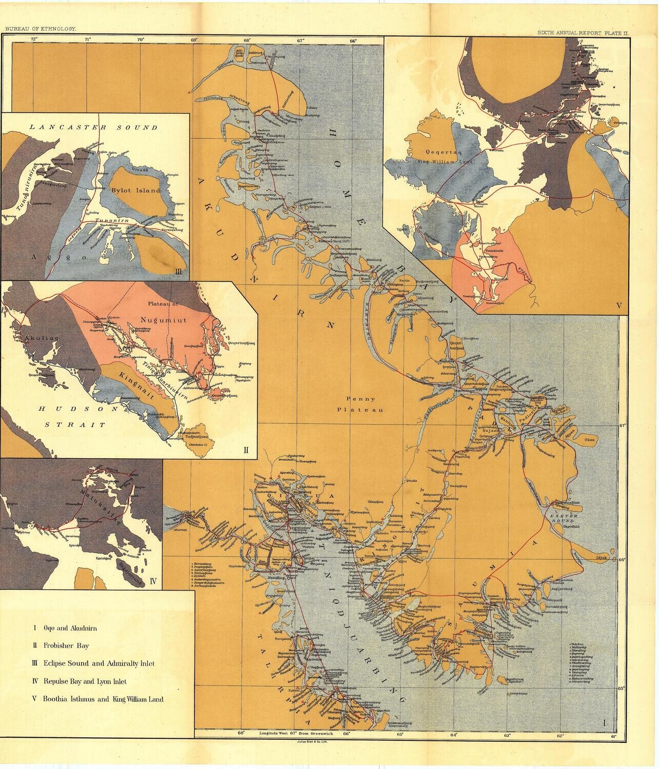 1884 Akudnirn Area , NE Canada, w insert Maps by the U.S.Bureau of Ethnology in Chromolithography
