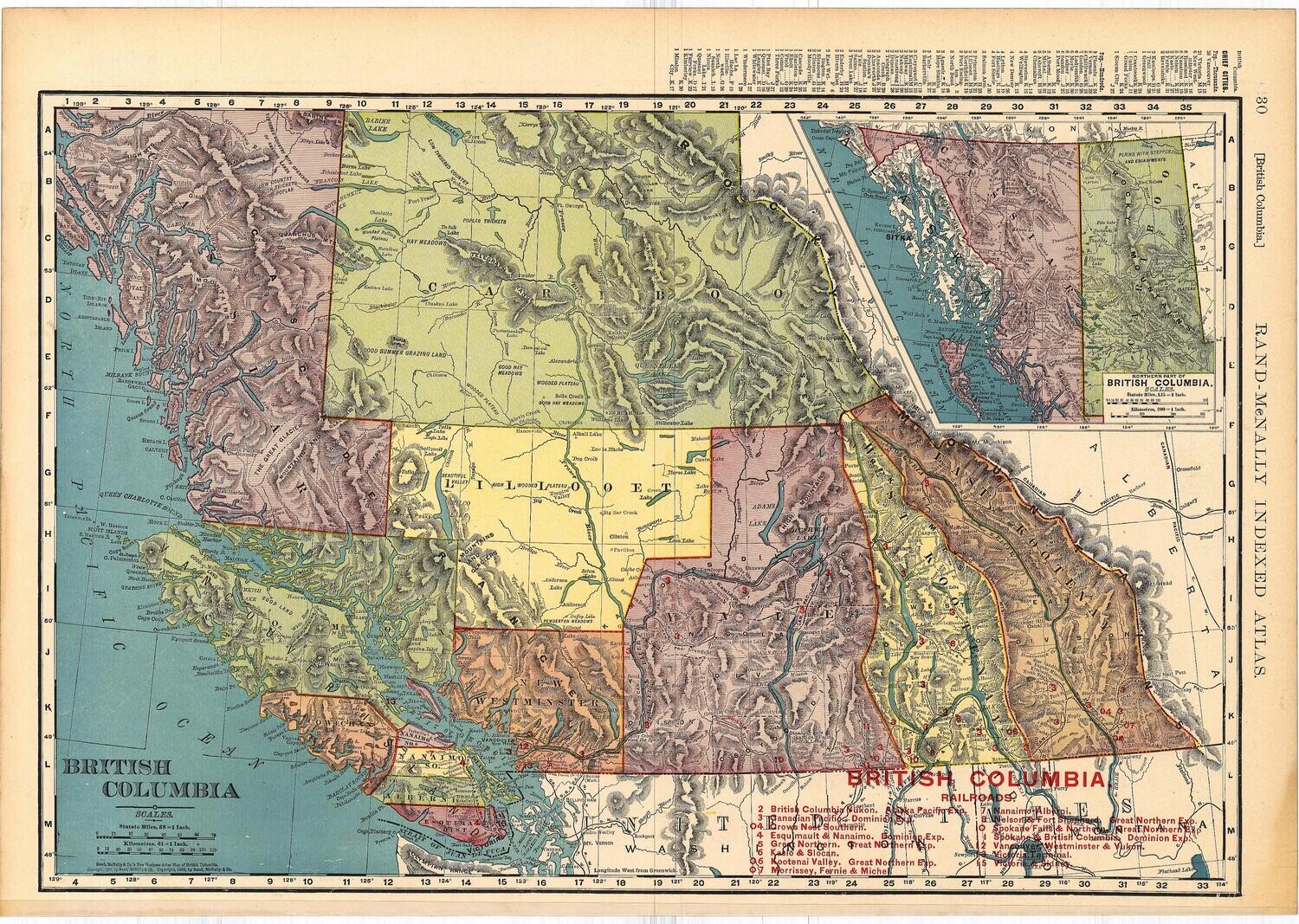 1907 Map of British Columbia by Rand McNally in Color Lithography
