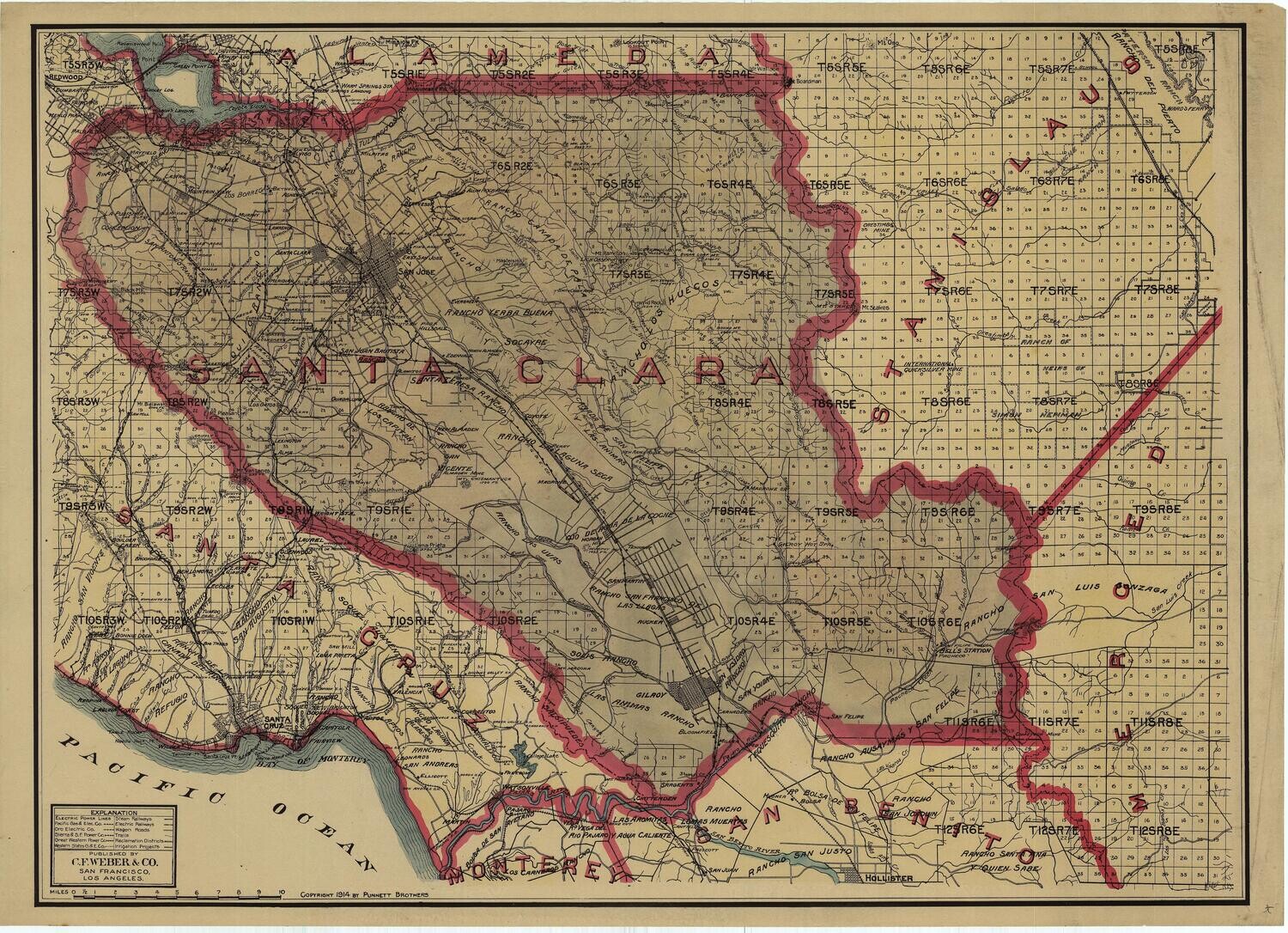 1914 Map of Santa Clara County , w/ Hand Water Color by CF Weber in 2 Color Lithography