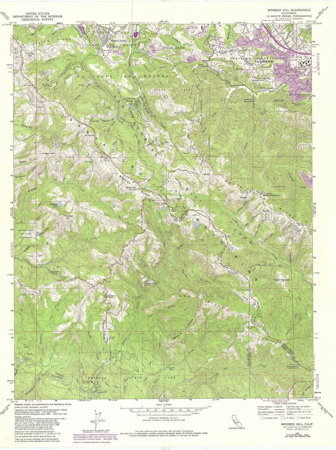 1961 (1980) Mindego Hill 7.5-min sheet Santa Cruz Mtns.