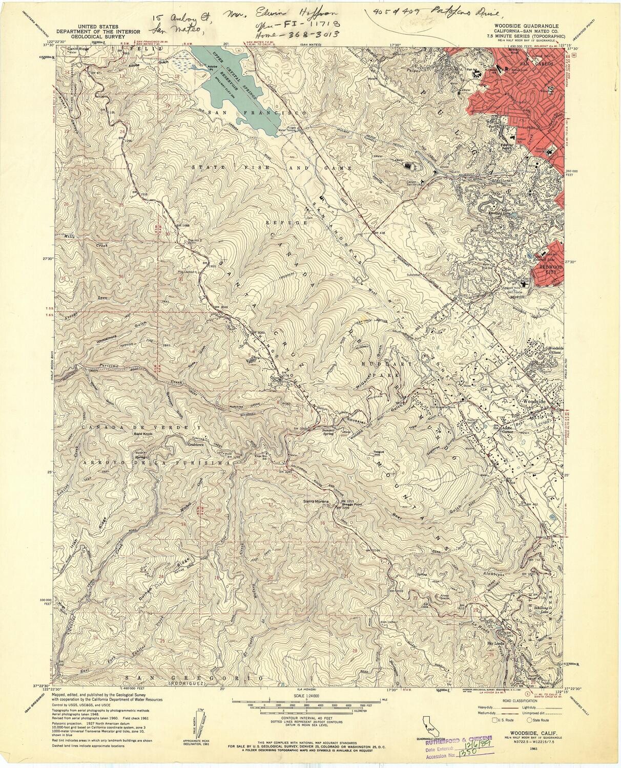1961 Woodside Ca. - 7.5. Minute sheet
