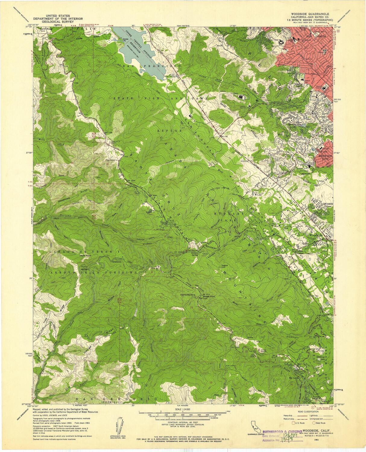 1961 Woodside Quad -7.5 minute sheet