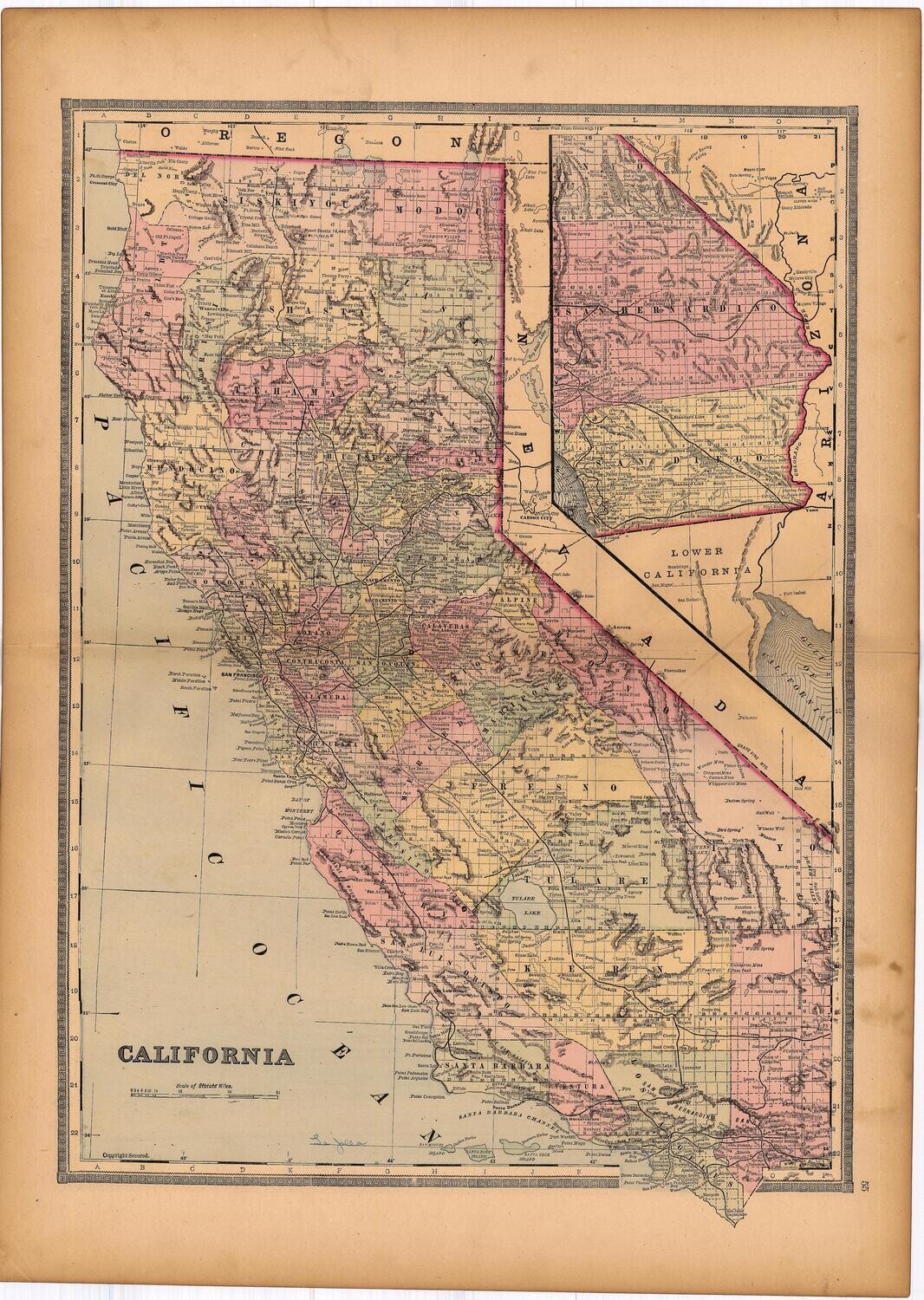 1886 Map of California by Bradley&#39;s in Lithography
