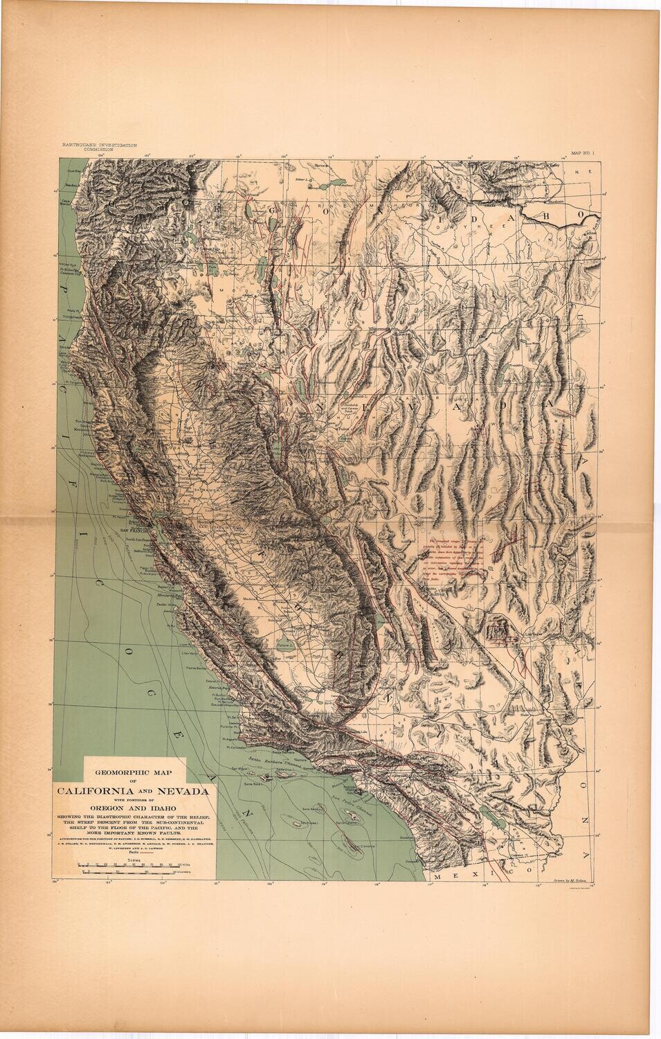 1908 Geomorphic Map of Calif. and Nevada by EQ Investigation Committee