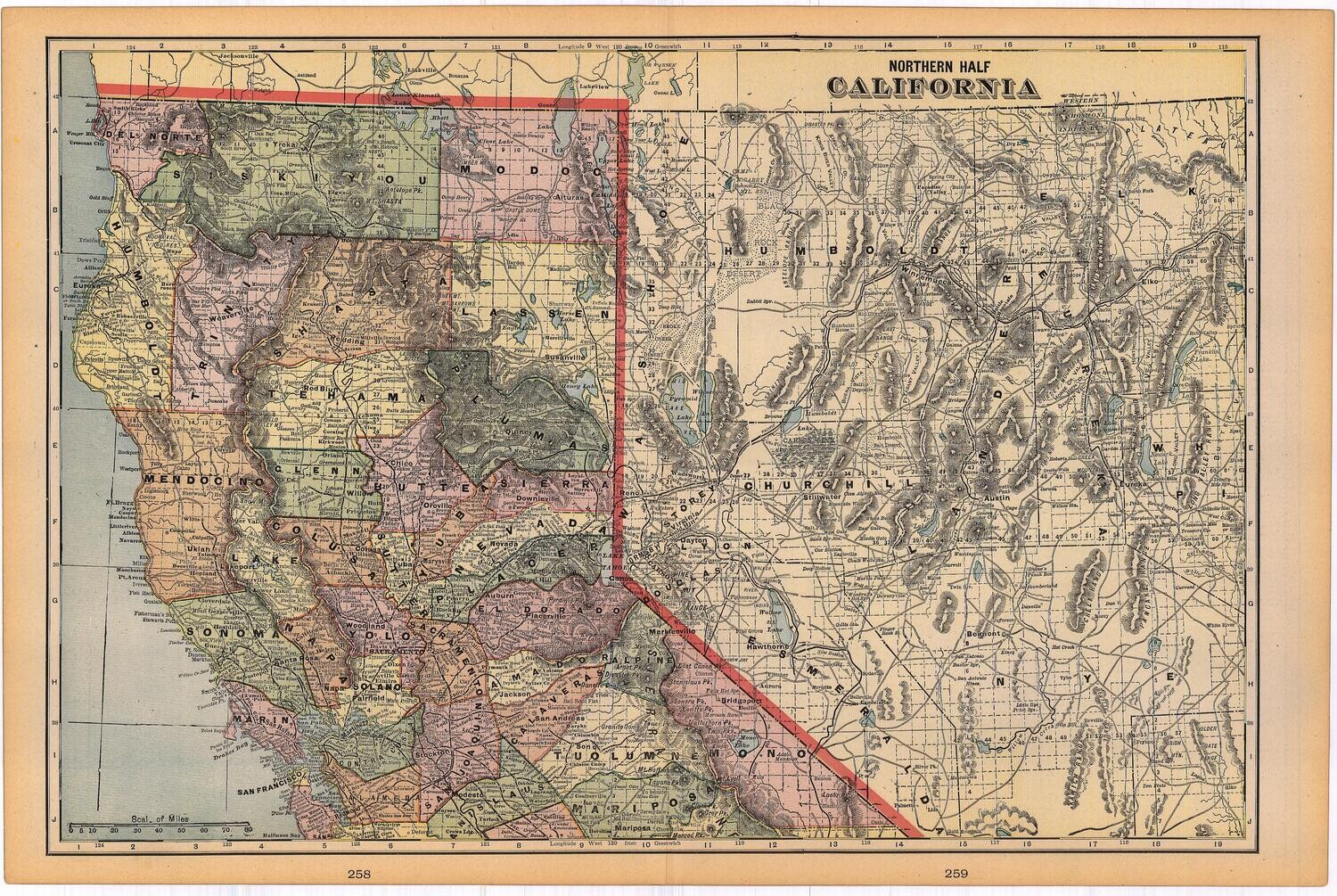 1903 Map of Northern California by Geo.Cram in Color Lithography