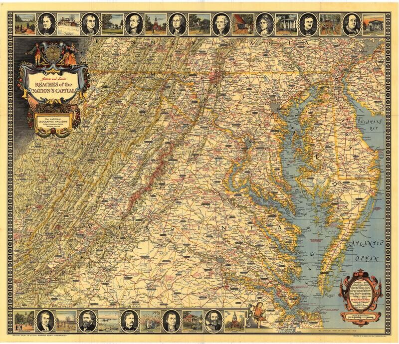 1938 Historic Reaches of Washington DC by Nat Geo in Chromolithography