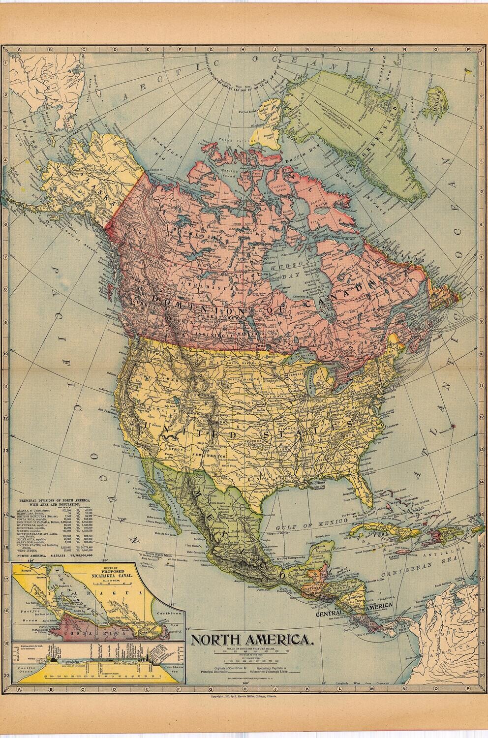 1903 (1899) Map of North America w/ Nicaragua Route by the Martin MIller Co. in Color Lithography