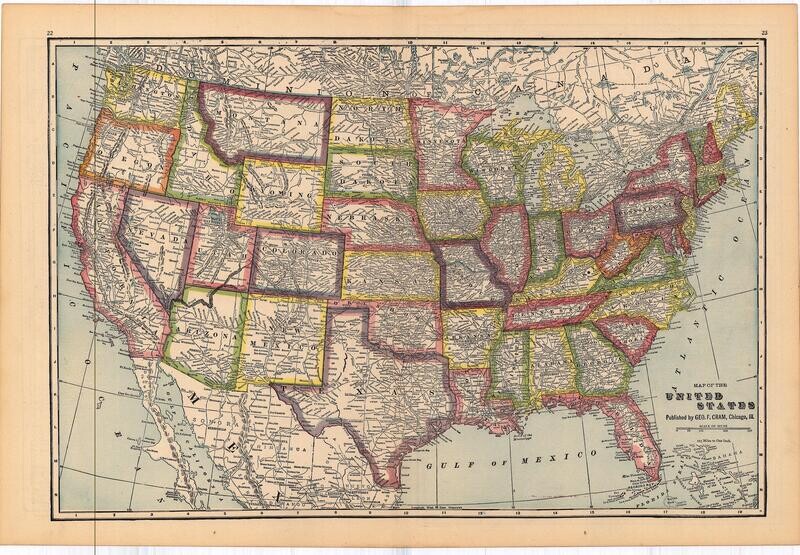 1903 Map of the United States by Geo.Cram in Color Lithography