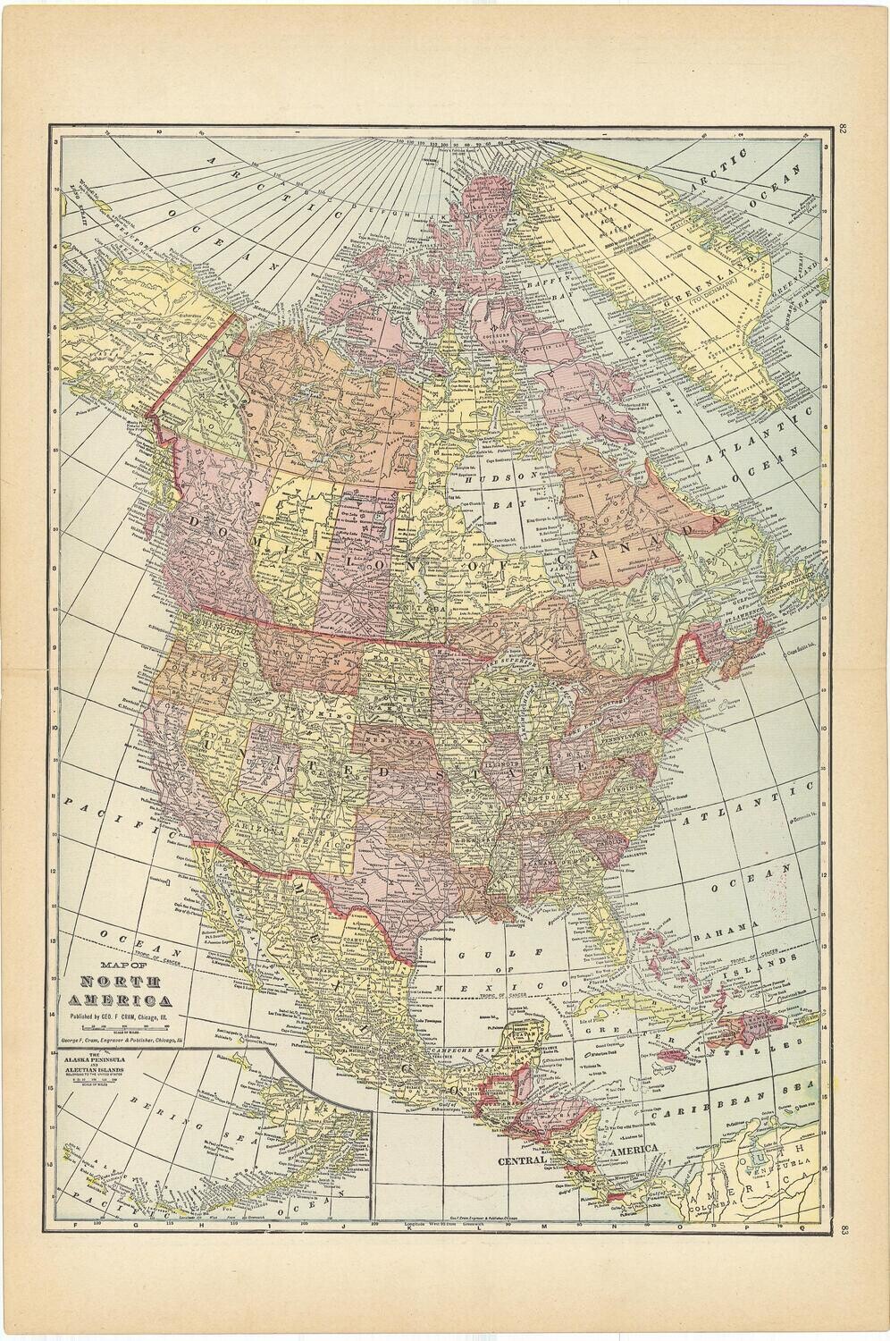 1908 Map of North America  by Geo.Cram in Color Lithography