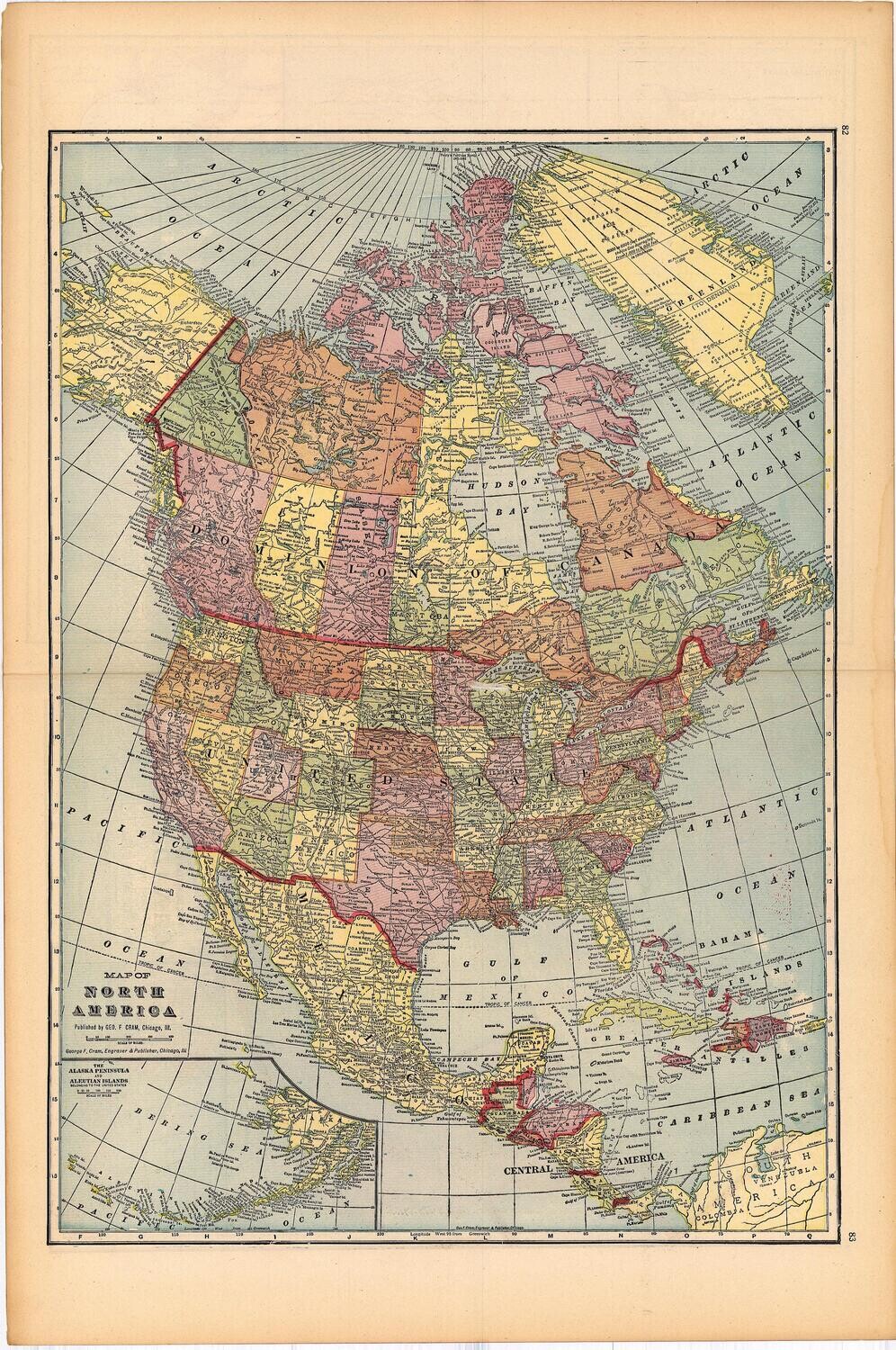 1903 Map of North America by Geo.Cram in Color Lithography