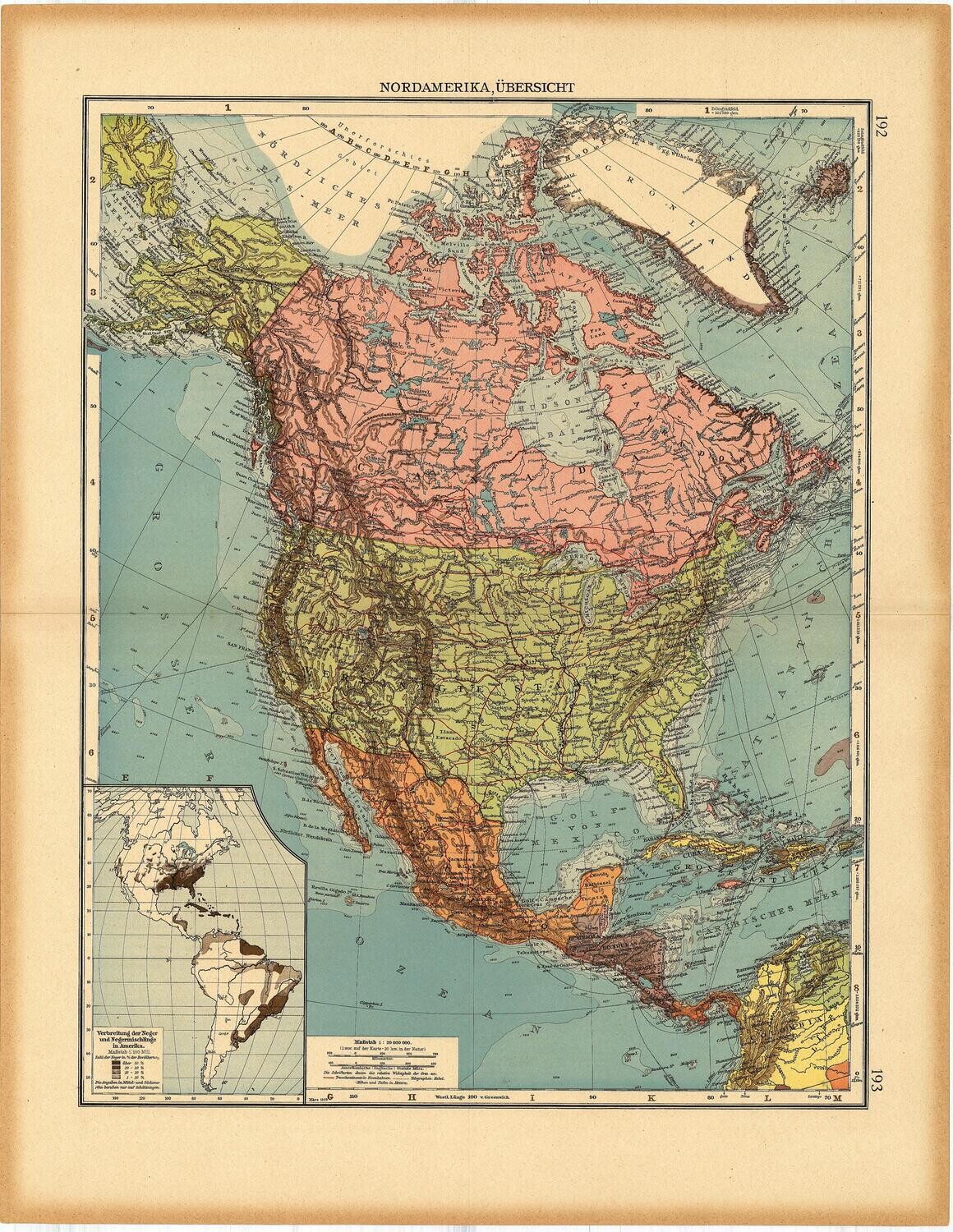 1923 Map of North America by Stieler in Chromolithography in German