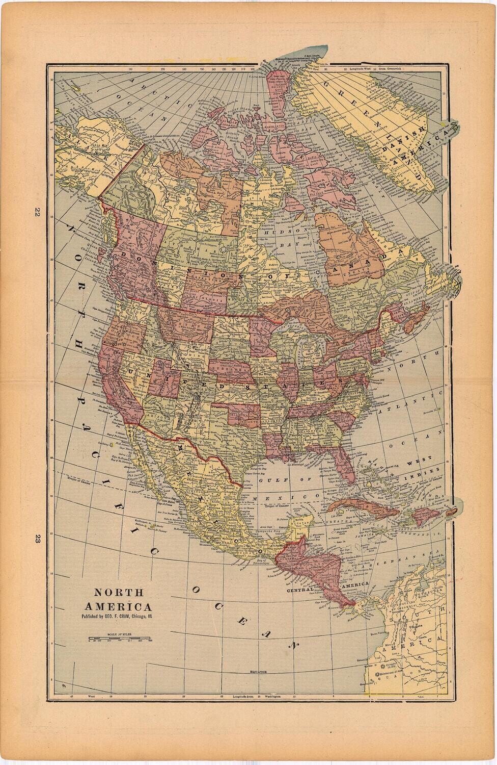 1911 Map of North America by Geo.Cram in Color Lithography
