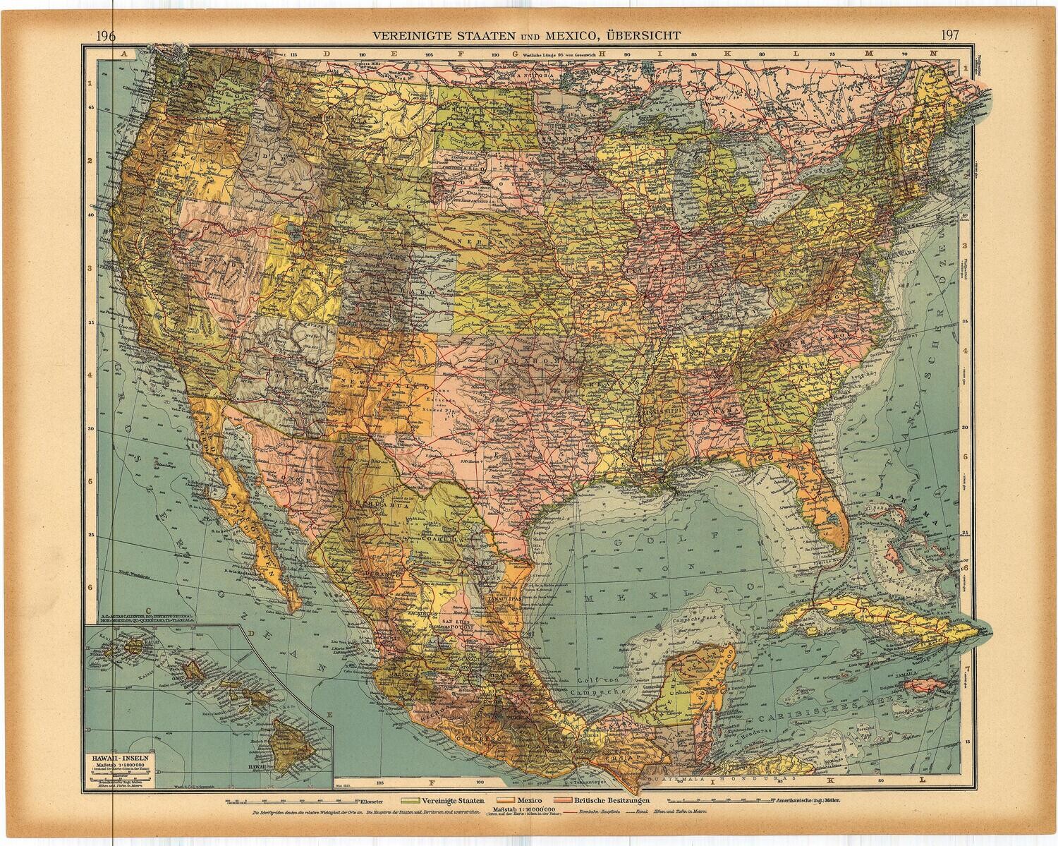 1923 Map of The United States by Stieler in Chromolithography in German