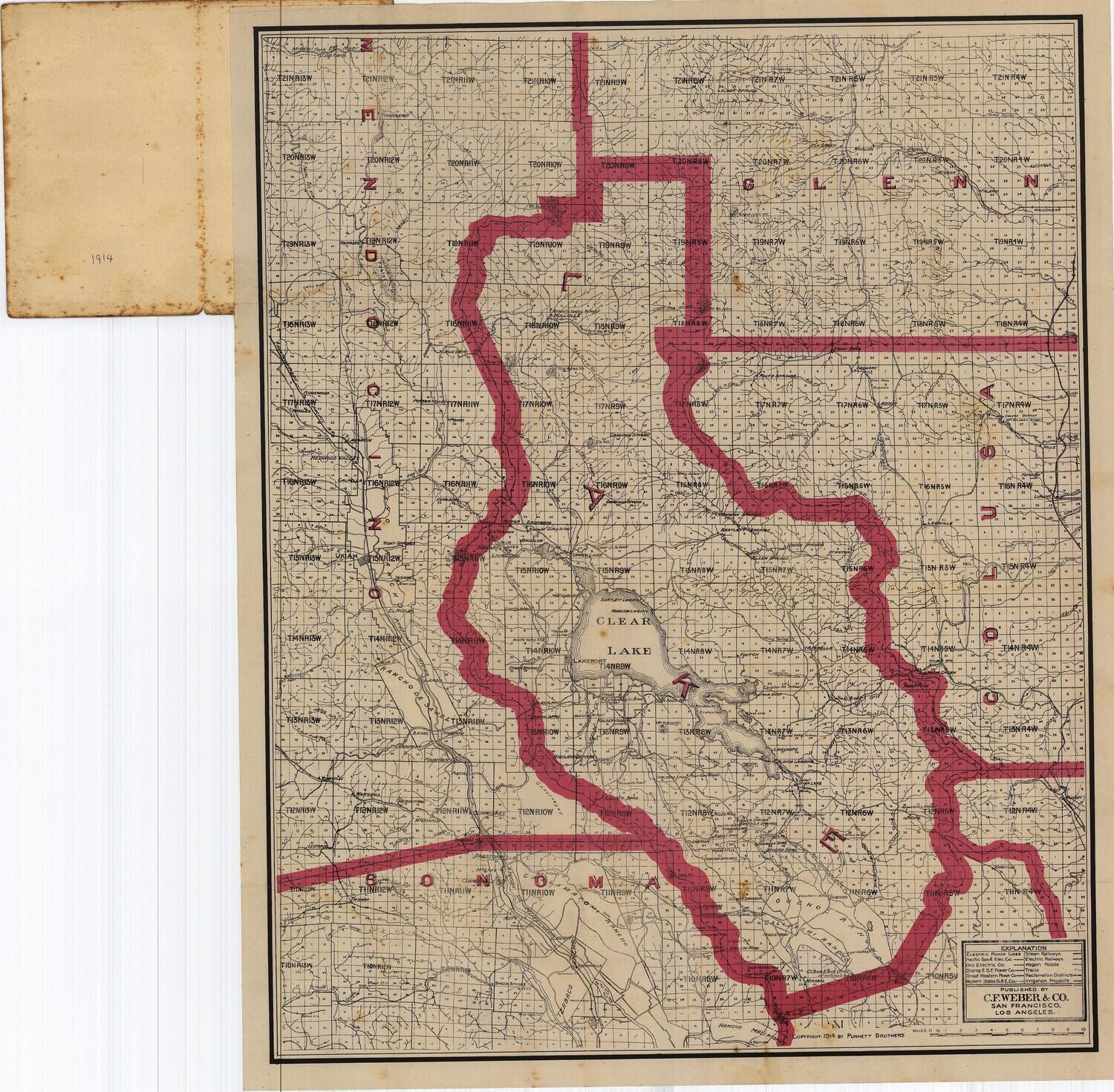 1914 Map of Lake County , A Folding Map by C.F. Weber in 2 Color Lithography